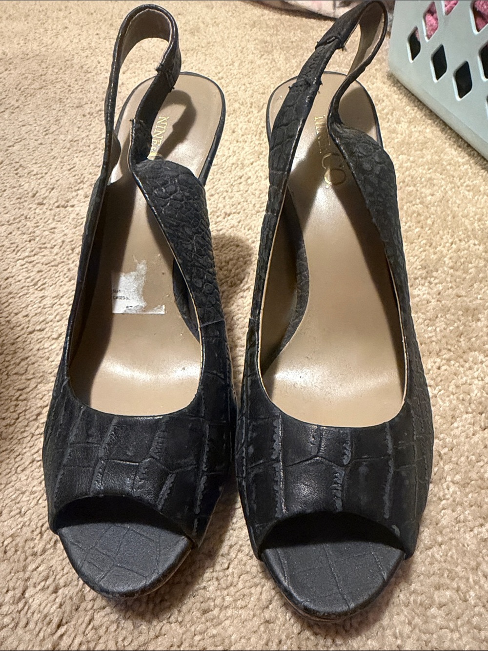 Nine & Co. Black Croc-Texture Slingback Peep-Toe Heels